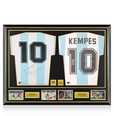 Diego Maradona & Mario Kempes Official FIFA World Cup™ Signed and Dual Framed Argentina Home Shirts