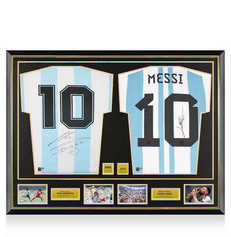 Diego Maradona & Lionel Messi Official FIFA World Cup™ Signed and Dual Framed Argentina Home Shirts