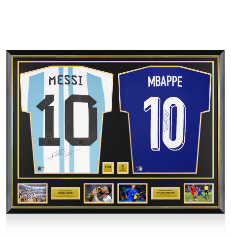 Lionel Messi Argentina & Kylian Mbappe France Official FIFA World Cup™ Signed and Dual Framed Shirts Lionel Messi Argentina & Kylian Mbappe France Official FIFA World Cup™ Signed and Dual Framed Shirts