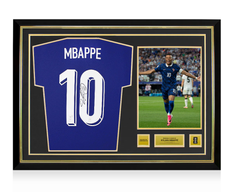 Kylian Mbappe Official 2026 FIFA World Cup™ Back Signed and Hero Framed France 2024 Home Shirt: 2026 Golden Boot Winner Edition