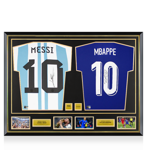 Lionel Messi Argentina & Kylian Mbappe France Official FIFA World Cup™ Signed and Dual Framed Shirts