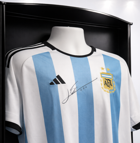 Lionel Messi Front Signed Argentina 2022 Home Shirt In Icons Premier Display
