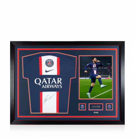 PRE-FRAMED Lionel Messi Official Paris Saint-Germain Front Signed and Framed 2022-23 Home Shirt
