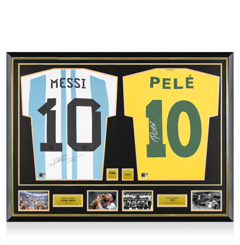 Lionel Messi Argentina & Pele Brazil Official FIFA World Cup™ Signed and Dual Framed Shirts Lionel Messi Argentina & Pele Brazil Official FIFA World Cup™ Signed and Dual Framed Shirts