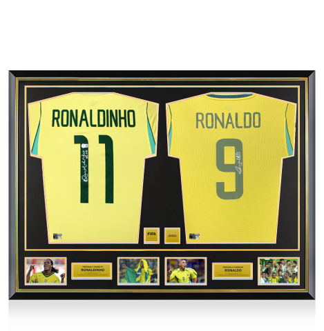 Ronaldinho & Ronaldo Official  FIFA World Cup™ Signed and Dual Framed Brazil Home Shirts