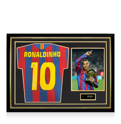 Ronaldinho Official Ballon d'Or™ Back Signed and Hero Framed FC Barcelona 2005-06 Home Shirt - 2005 Winner Edition Ronaldinho Official Ballon d'Or™ Back Signed and Hero Framed FC Barcelona 2005-06 Home Shirt - 2005 Winner Edition