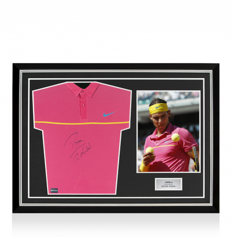 MATCH WORN Rafael Nadal Signed Pink and Yellow Nike Shirt In Hero Frame