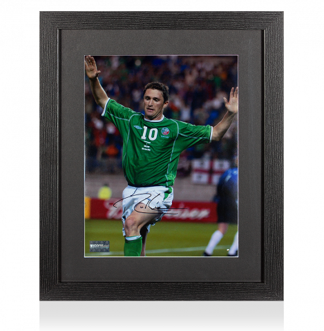 Robbie Keane Signed Republic of Ireland Photo In Black Wooden Frame: 2002 FIFA World Cup Goal vs Germany
