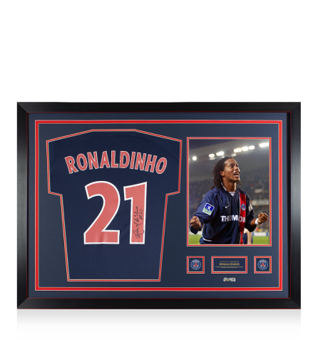 Ronaldinho Official Paris Saint-Germain Back Signed and Framed Modern Home Shirt With Fan Style Numbers: Number 21 Edition