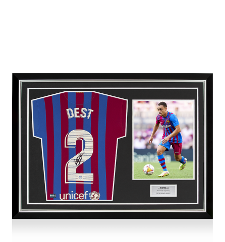 Sergino Dest Back Signed FC Barcelona 2021-22 Home Shirt In Hero Frame: Option 1