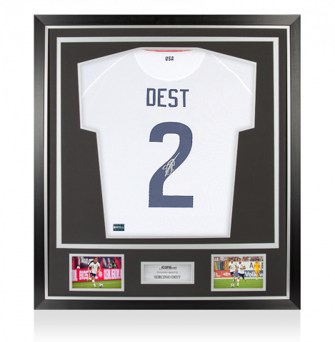 Sergino Dest Back Autographed USMNT 2020-21 Home Jersey with Fan Style Numbers In Classic Frame