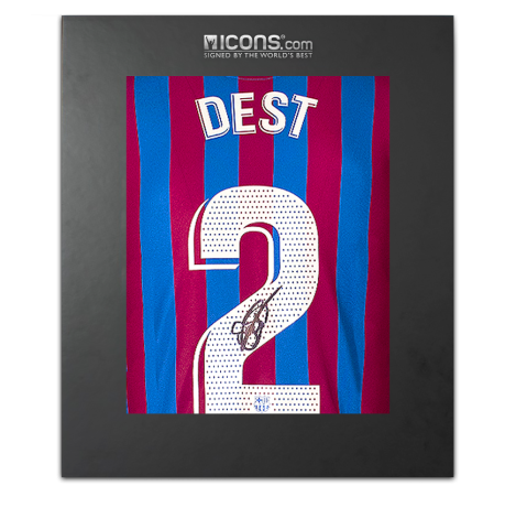 Sergiño Dest Autographed FC Barcelona 2021-22 Home Jersey In Deluxe Packaging