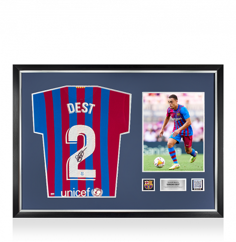 Sergino Dest Official FC Barcelona Back Signed and Framed 2021-22 Home Shirt