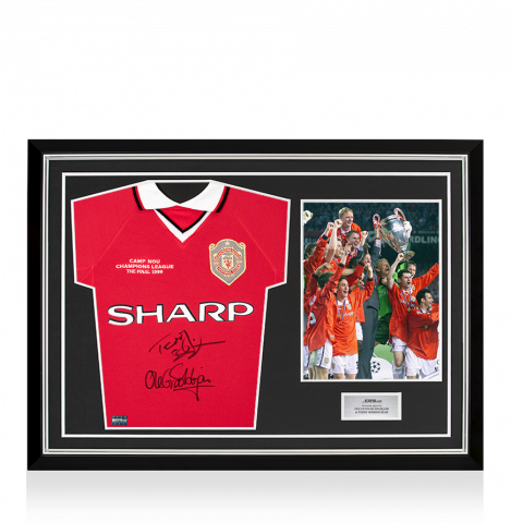 Teddy Sheringham & Ole Gunnar Solskjaer Front Signed Manchester United Home Shirt: 1999 UEFA Champions League Final Edition In Hero Frame: Option 1
