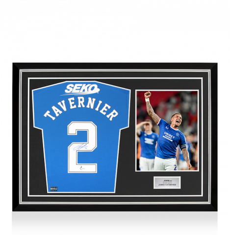 James Tavernier Back Signed Rangers FC 2022-23 Home Shirt In Hero Frame: Option 1
