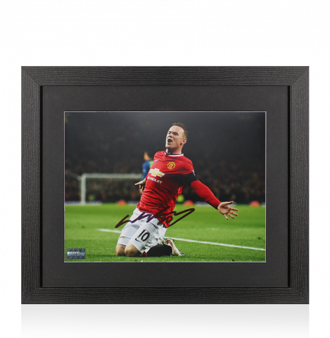 Wayne Rooney Signed Manchester United Photo In Black Wooden Frame: Knee Slide Celebration 