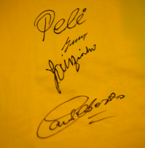 Pele, Gerson, Jairzinho and Carlos Alberto Official 1970 FIFA World Cup™ Signed and Framed Brazil 1970 Retro Shirt