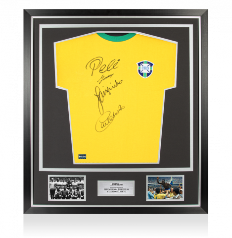 Pele, Gerson, Jairzinho and Carlos Alberto Front Signed Brazil 1970 Retro Shirt In Classic Frame