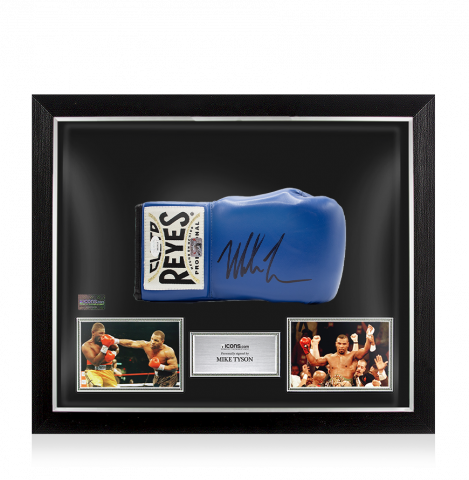 Mike Tyson Signed Reyes Blue Boxing Glove In Bubble Frame: Option 1