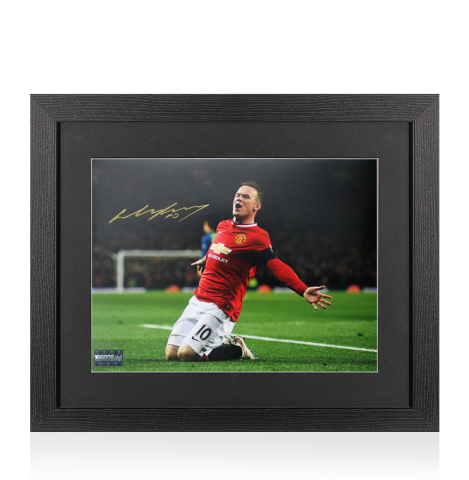 Wayne Rooney Signed Manchester United Photo In Black Wooden Frame: Knee Slide Celebration 