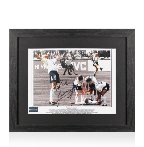 Paul Gascoigne Signed England Photo In Black Wooden Frame: EURO 96 Goal vs Scotland Montage Paul Gascoigne Signed England Photo In Black Wooden Frame: EURO 96 Goal vs Scotland Montage