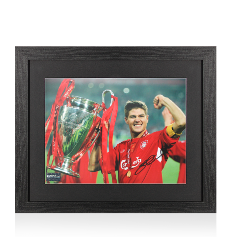 Steven Gerrard Signed Liverpool Photo In Black Wooden Frame: 2005 Champions League Winner Steven Gerrard Signed Liverpool Photo In Black Wooden Frame: 2005 Champions League Winner