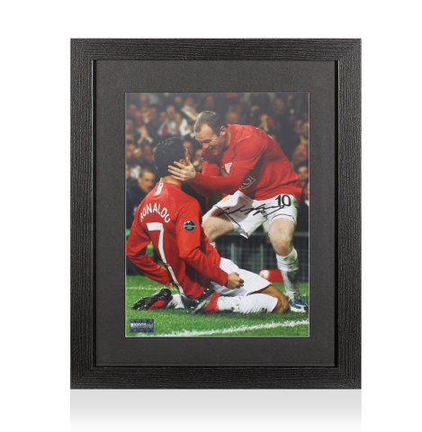 Wayne Rooney Signed Manchester United Photo In Black Wooden Frame: Celebration with Cristiano Ronaldo