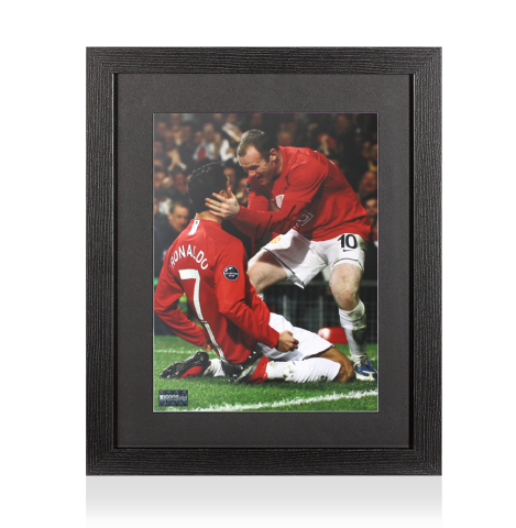 Wayne Rooney Signed Manchester United Photo In Black Wooden Frame: Celebration with Cristiano Ronaldo
