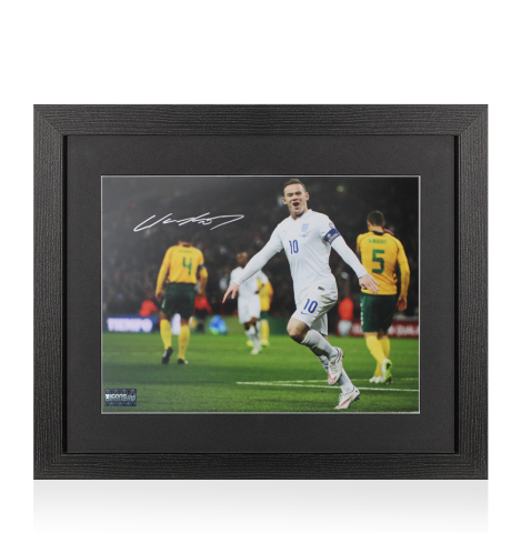 Wayne Rooney Signed England Photo In Black Wooden Frame: Goal Celebration