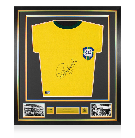 Carlos Alberto Official 1970 FIFA World Cup™ Front Signed and Framed Brazil Home Shirt - Gold Bundle Carlos Alberto Official 1970 FIFA World Cup™ Front Signed and Framed Brazil Home Shirt - Gold Bundle