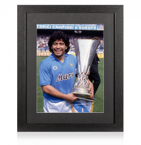 UNSIGNED Diego Maradona SSC Napoli Photo In Black Wooden Frame: 1989 UEFA Cup Winner