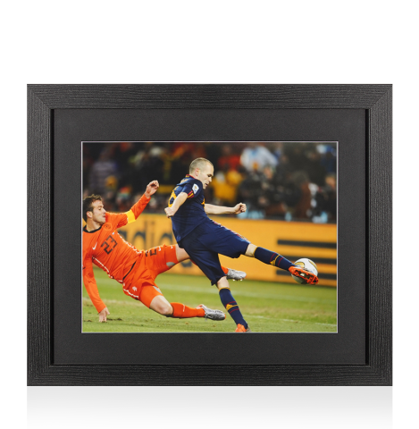 UNSIGNED Andres Iniesta Photo In Black Wooden Frame: Strike for Spain vs Netherlands
