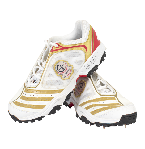 WAREHOUSE SECONDS Sachin Tendulkar Signed White, Red and Gold Adidas Cricket Spikes: "100 Centuries" Limited Edition WAREHOUSE SECONDS Sachin Tendulkar Signed White, Red and Gold Adidas Cricket Spikes: "100 Centuries" Limited Edition