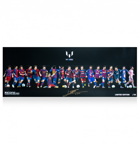 WAREHOUSE SECONDS Lionel Messi Signed Career Montage Poster - Letterbox Size 40cm x 104cm - Grade D