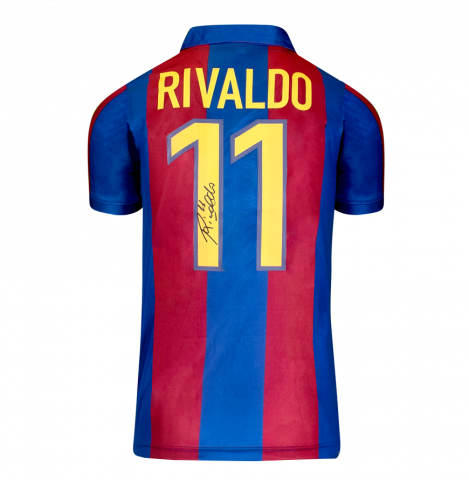 WAREHOUSE SECONDS Rivaldo Back Signed Retro FC Barcelona Home Shirt  - Grade C
