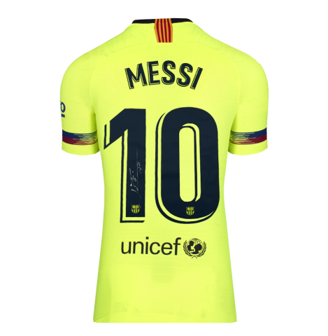 WAREHOUSE SECONDS Lionel Messi Back Signed FC Barcelona 2018-19 Away Shirt - Grade C WAREHOUSE SECONDS Lionel Messi Back Signed FC Barcelona 2018-19 Away Shirt - Grade C