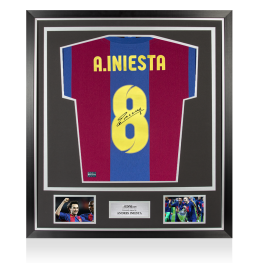 Andres Iniesta Signed Retro FC Barcelona Home Shirt In Classic Frame