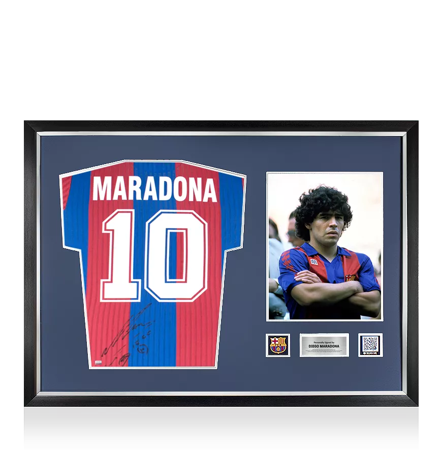 Diego Maradona Official FC Barcelona Back Signed and Framed Retro Home Shirt