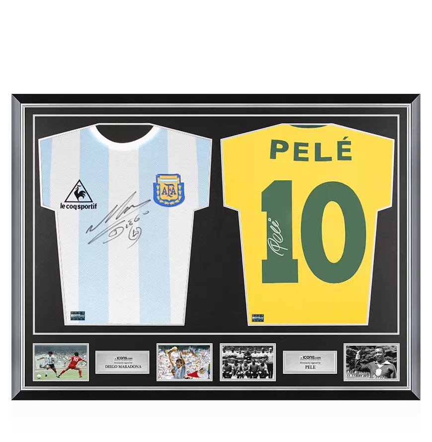 Diego Maradona Signed Argentina Pele Signed Brazil Shirts In Classic Dual Frame