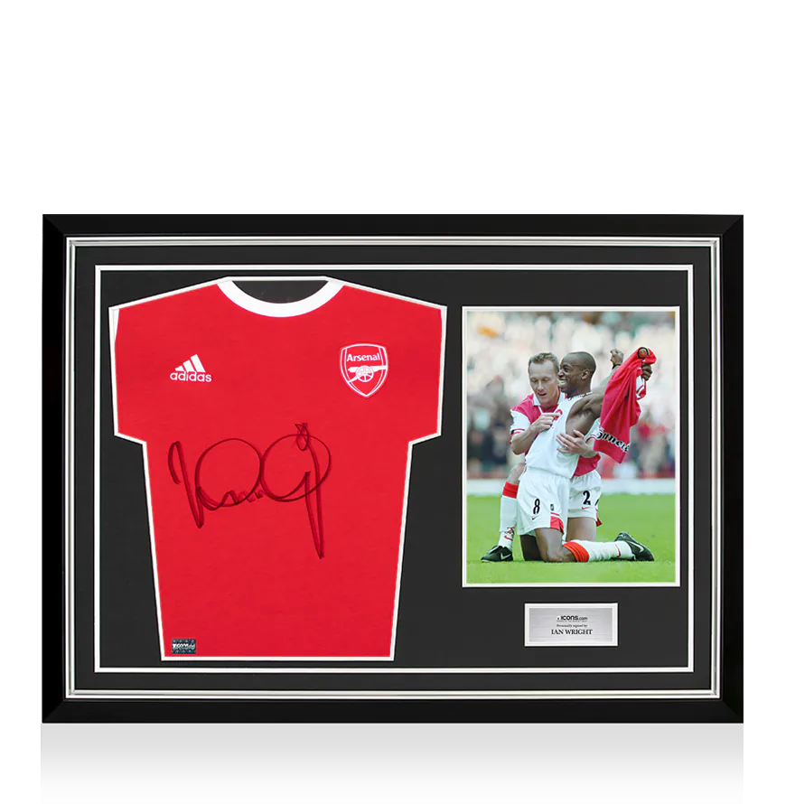 Ian Wright Front Signed Adidas Arsenal T-Shirt In Hero Frame