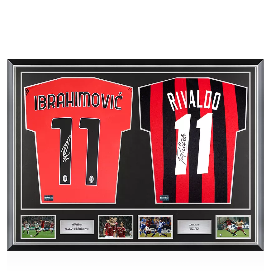 Zlatan Ibrahimovic Rivaldo Signed AC Milan Home Shirts In Classic Dual Frame