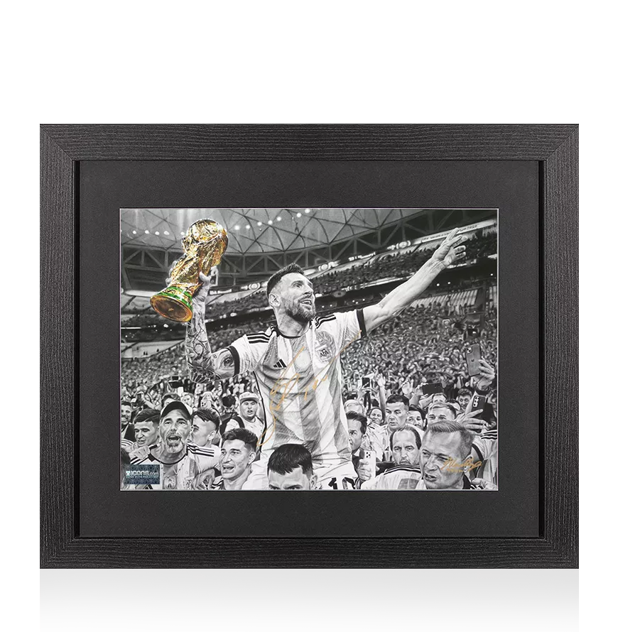 メッシ公式サイン入りトリビュートアートワーク:2022 FIFAワールドカップ Lionel Messi Official Signed Tribute Artwork In Black Wooden