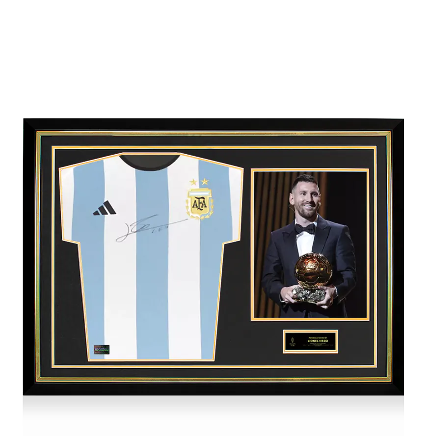Lionel Messi Official Ballon d'Or™ Front Signed and Hero Framed Argentina  2022 Home Shirt