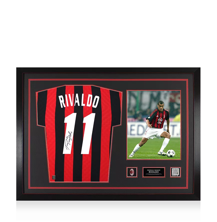 Rivaldo Official AC Milan Back Signed and Framed Retro Home Shirt