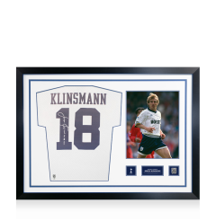 Jurgen Klinsmann Official Tottenham Hotspur Signed and Framed Retro Home Shirt Jurgen Klinsmann Official Tottenham Hotspur Signed and Framed Retro Home Shirt