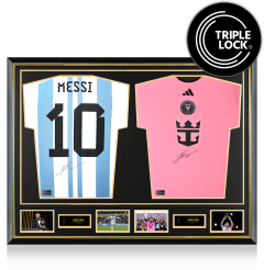 PRE-ORDER Lionel Messi Official Ballon d'Or&trade; Signed and Dual Framed Argentina and Inter Miami Shirts: 2023 Ballon d'Or Winner