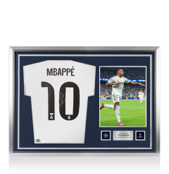 Kylian Mbappe Official UEFA Champions League Back Signed and Hero Framed Real Madrid 2025-26 Home Shirt Kylian Mbappe Official UEFA Champions League Back Signed and Hero Framed Real Madrid 2025-26 Home Shirt