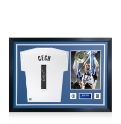 Petr Cech Official Chelsea FC Signed and Framed Adidas White Goalkeeper Shirt 