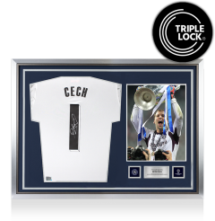 Petr Cech Official UEFA Champions League Back Autographed and Hero Framed Adidas White Goalkeeper Jersey