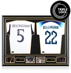 Jude Bellingham Official Ballon d'Or&trade; Signed and Dual Framed Real Madrid and England Shirts: 2023 Kopa Trophy Winner
